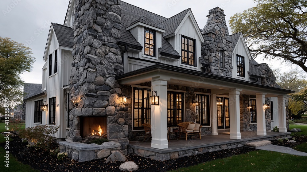 Elegant Modern Stone House with Cozy Porch and Warm Atmosphere