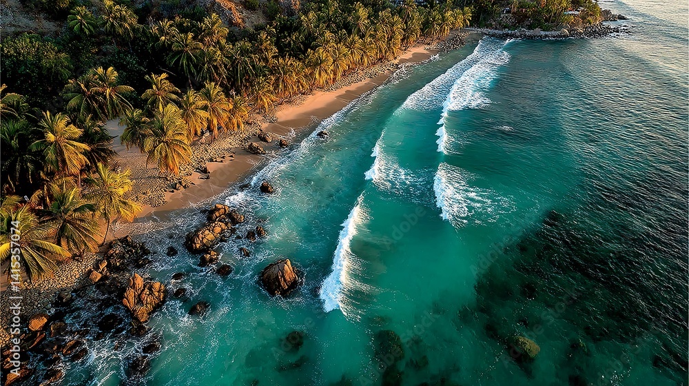 Serene Tropical Coastline with Lush Palm Trees and Gentle Waves