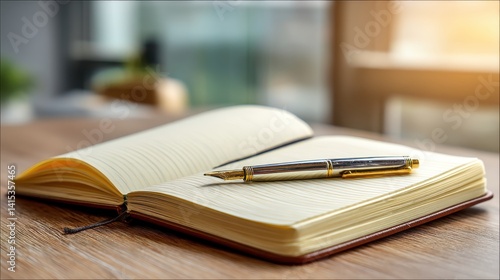 Open Notebook with Pen: An open notebook with lined pages, resting on a wooden desk, is ready to capture thoughts and ideas, with a  silver fountain pen placed thoughtfully on the pages. The warm.
