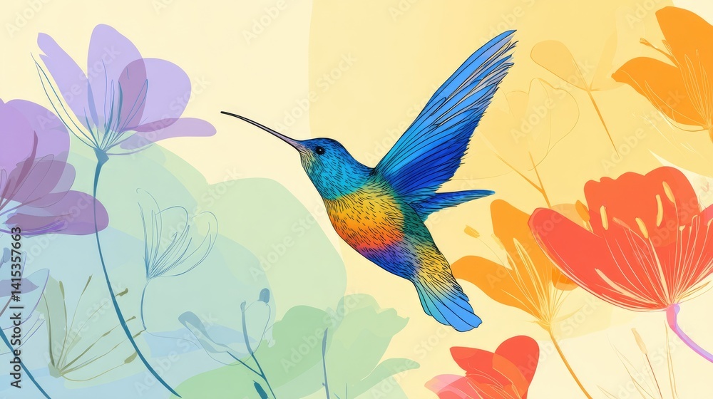 Obraz premium Vibrant hummingbird surrounded by colorful blossoms.