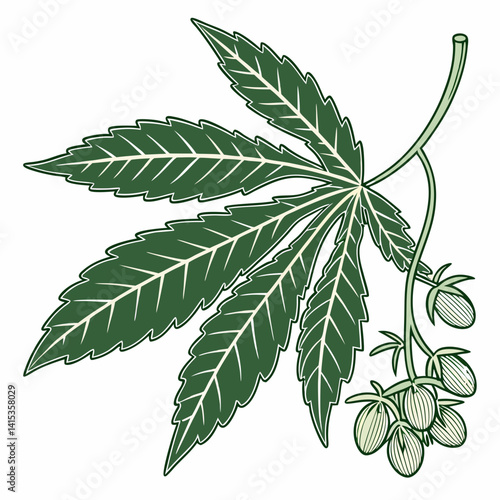 Stylized Hemp Plant Illustration With Seeds And Iconic Leaf Structure