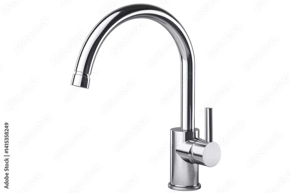 Sleek chrome kitchen faucet modern design single lever bathroom sink tap high arc spout minimalist style elegant water fixture on transparent background Sleek chrome kitchen faucet modern design single lever bathroom sink tap high arc spout minimalist style elegant water fixture on transparent background