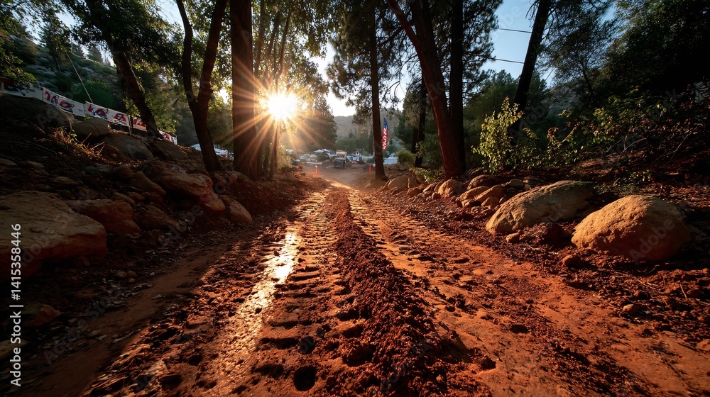 Muddy Trail with Tire Marks Surrounded by Trees and Sunlight