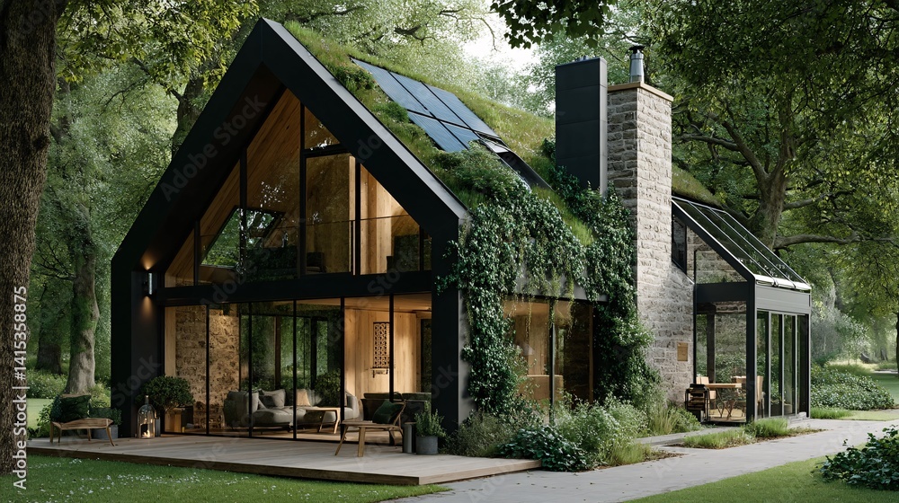 Modern Eco-Friendly House Surrounded by Lush Greenery and Nature