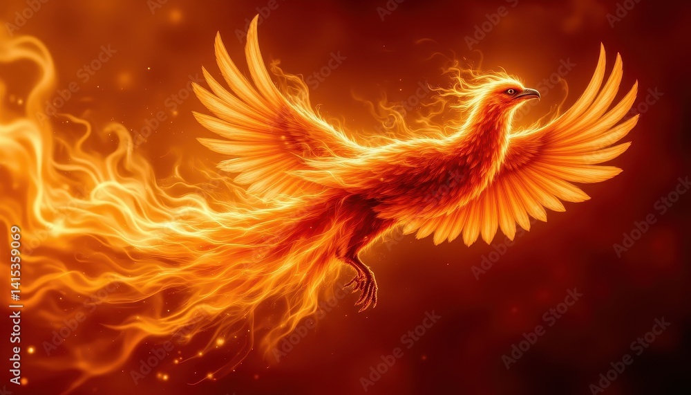 Fototapeta premium A fiery bird with plumage aflame soaring through a glowing, dark, orange background