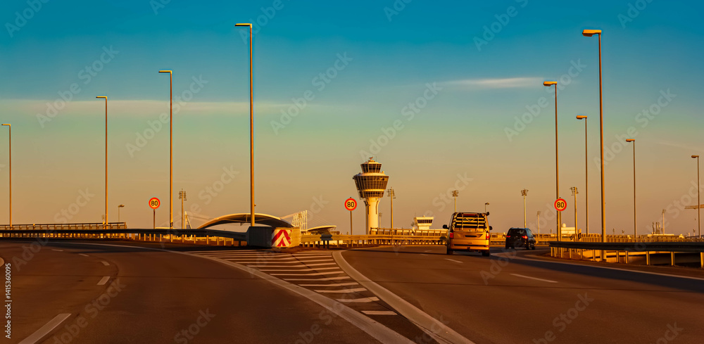 Sunny winter evening with the tower at Munich airport, MUC, Freising, Bavaria, Germany