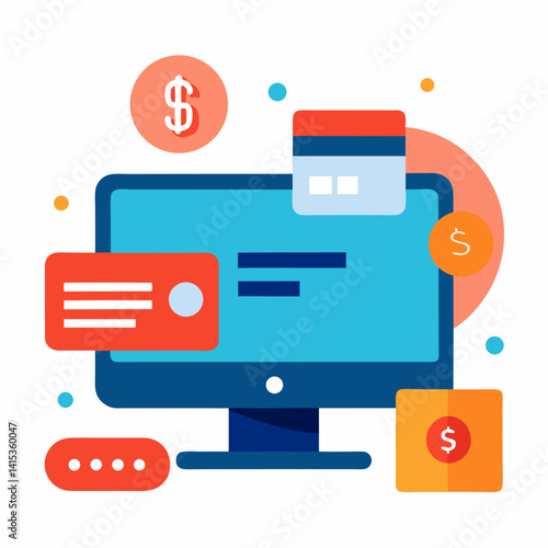 Online Payment Illustration With Computer,Credit Card And Dollar Currency Sign
