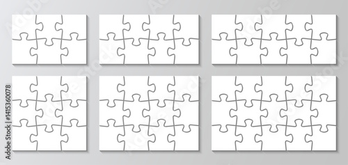 Jigsaw infographics collection. 6 puzzles set with different sizes. Puzzle grid business chain infographic. Process diagram presentation. Business info graphic with steps, parts. Vector illustration