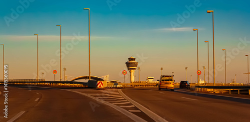 Obraz na płótnie Sunny winter evening with the tower at Munich airport, MUC, Freising, Bavaria, Germany w salonie