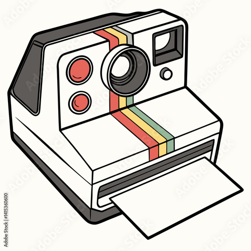 Illustrated Retro Instant Camera With Colorful Stripes And A Developing Photo