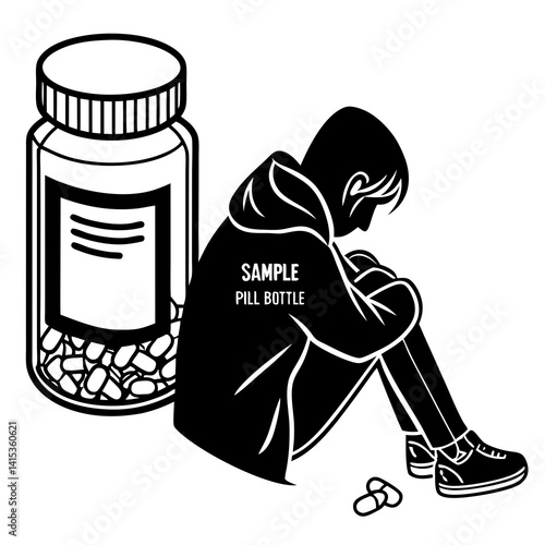 Isolated Depressed Person With Pill Bottle In Black And White Illustration