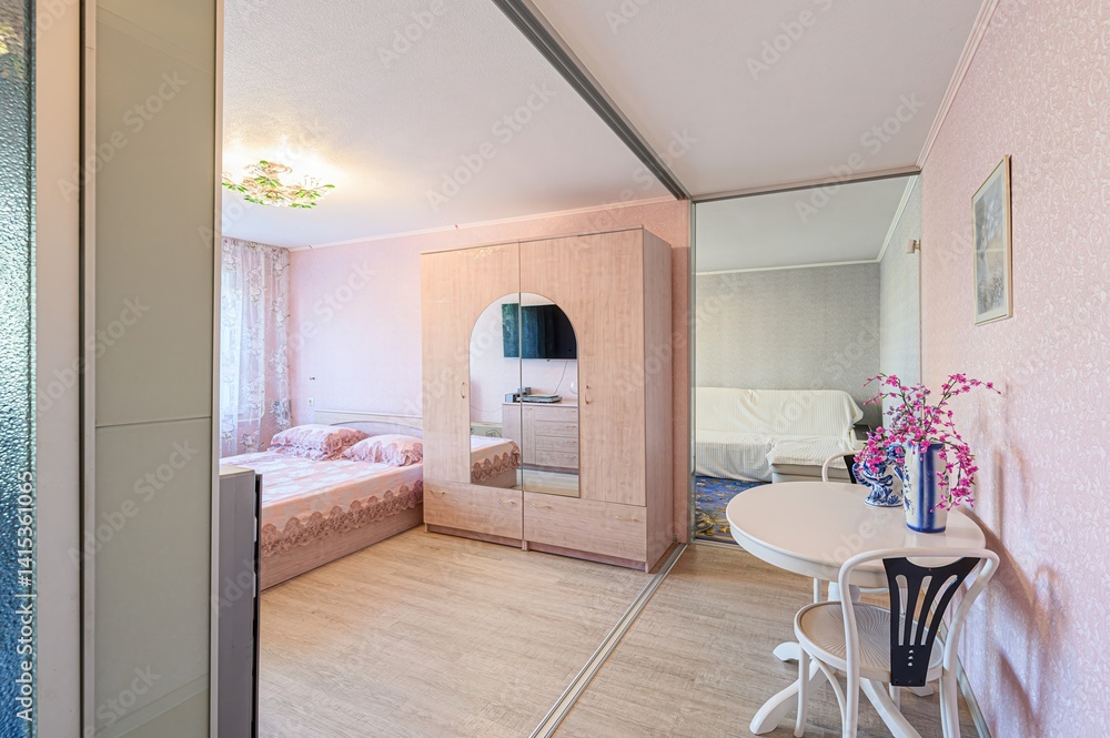 Fototapeta premium interior room apartment bedroom with bed, cozy place to sleep and relax