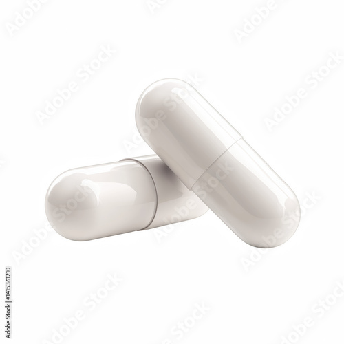 Two white pharmaceutical capsules with smooth glossy surface, clean medical supplement concept isolated on transparent background.
