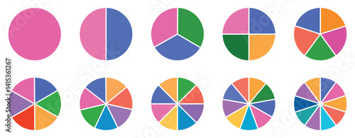 Pie chart set, segmented circle icons, color infographic flower round diagram, pie chart divided equal parts, infographic wheel segment and fraction, percentage wheel, circle with sections or parts.