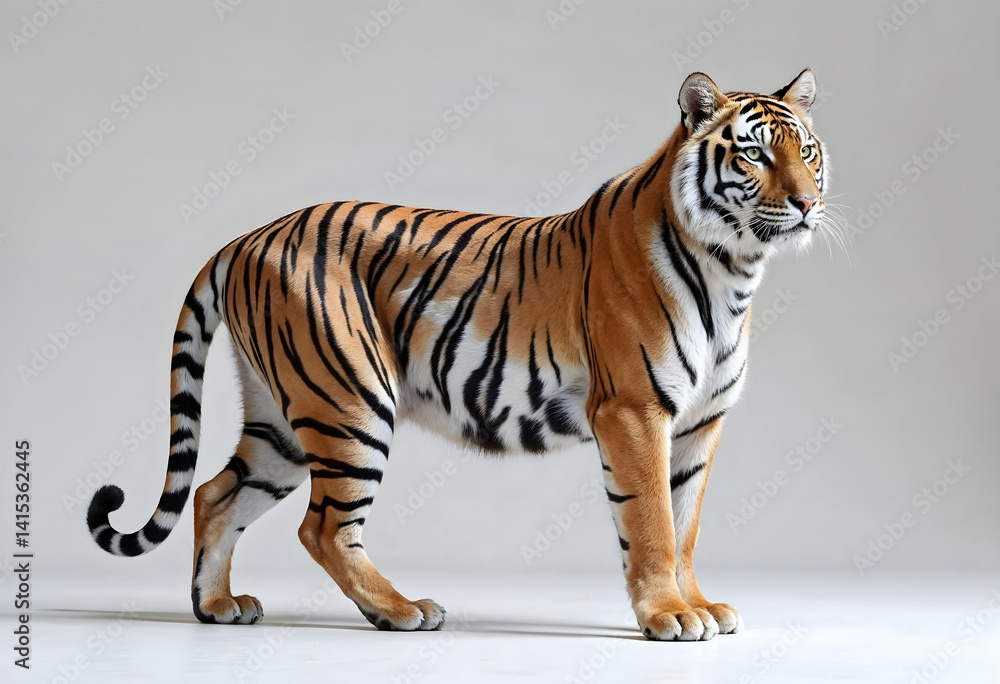 Obraz premium Side profile of a Bengal tiger posing confidently in a minimalist studio setting. Strong and elegant wild presence.