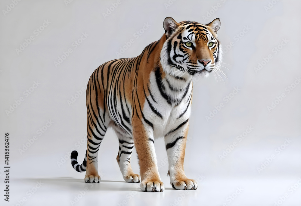 Obraz premium Bengal tiger standing confidently in a studio with soft light and plain background, showing detailed stripes and strong posture.