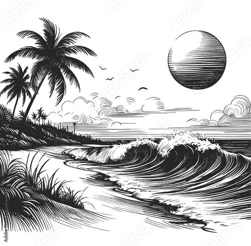 Fluid Motion: Ocean beach Wave Linework Elegance black and white illustration ocean water wave vintage with sky and sun linework drawing sketch hand drawn vector illustration background