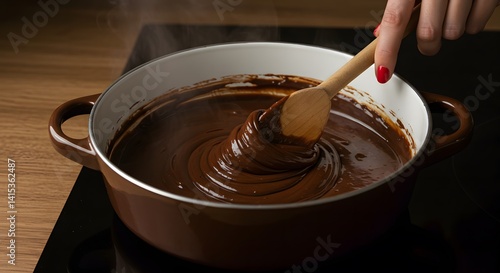 A rich, cinematic shot of traditional brigadeiro being stirred in a stylish enamel saucepan — brown outside, glossy white inside.