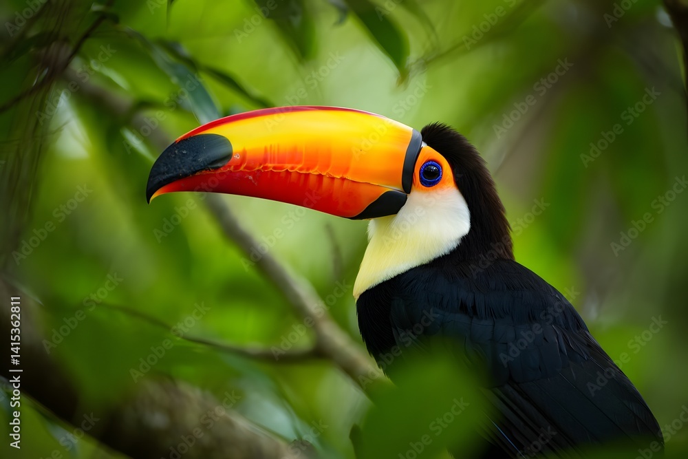 Naklejka premium A vibrant toucan perches gracefully amidst the lush green foliage of a rainforest, displaying its distinctive multi-colored beak in a moment of natural beauty.