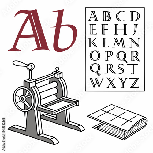 Letterpress Machine Typography And Font Design Alphabet With Book Illustration Style