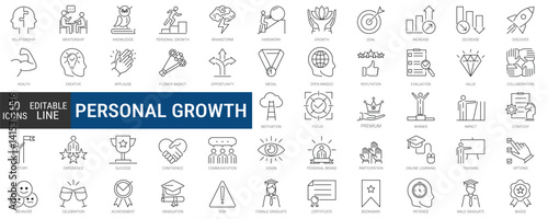Personal growth icons set, editable line icon pack. coaching, business training, tutorship, consulting, development, learning symbols. simple vector collection.