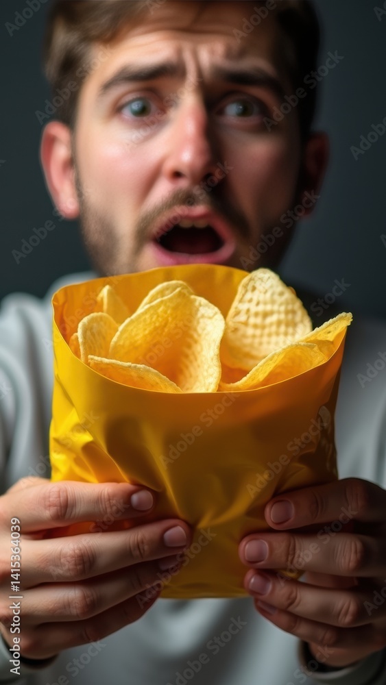 Sad disappointed Man is holding a bag of chips in his hand. He looks surprised and is about to eat the chips