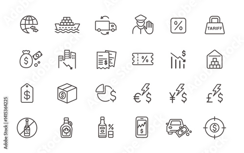Trade tariffs, trade war icon set. American import and export tariffs. Vector line icon set with editable stroke.