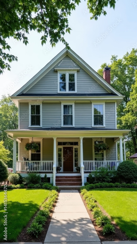 Large, two story house with a white trim and a gray roof. The house has a porch with a railing and a walkway leading up to the front door