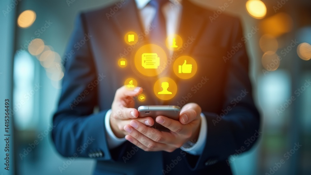 Man is holding a cell phone with a bright yellow background and a variety of icons, including a thumbs up and a heart