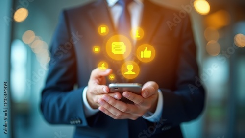 Obraz na płótnie Man is holding a cell phone with a bright yellow background and a variety of icons, including a thumbs up and a heart w salonie