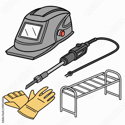 Welding Equipment Set With Helmet Gloves Welding Machine And Table Vector Graphic