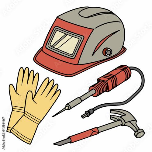 Construction And Repair Tools Vector Illustration Featuring Helmet Gloves And Hammer