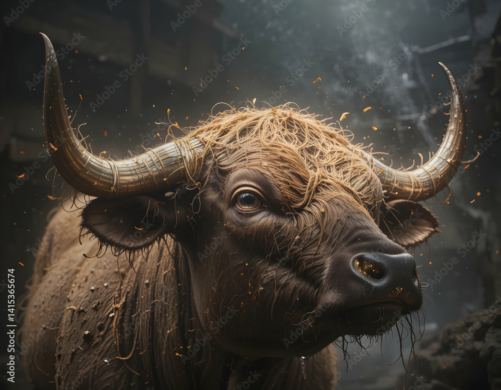 Naklejka premium Close Up of a Majestic Brown Bull with Large Curved Horns and a Serious Gaze