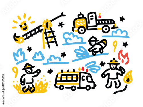 Seamless Firefighter Doodle Pattern – Hand-Drawn Firetruck, Firefighter Illustrations, and Emergency Rescue Sketches for Bold Designs