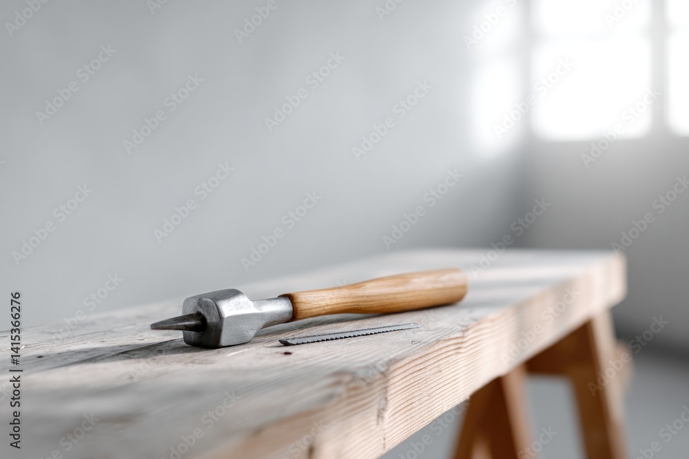 Naklejka premium solitary well-organized tool display on clean workbench illuminated by natural light minimalistic design with ample
