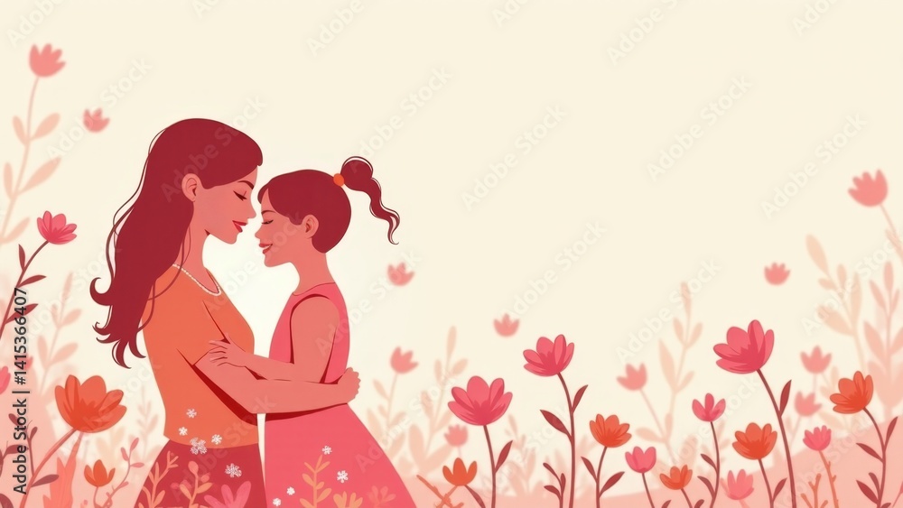 Mother And Daughter Embracing, Floral Background Mother And Daughter Embracing, Floral Background