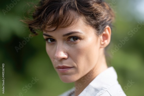 capture portrait of person with intense animal-like gaze set against blurred background