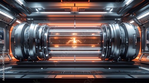 Fototapeta Naklejka Na Ścianę i Meble -  Futuristic energy core chamber illuminates with vibrant orange glow.