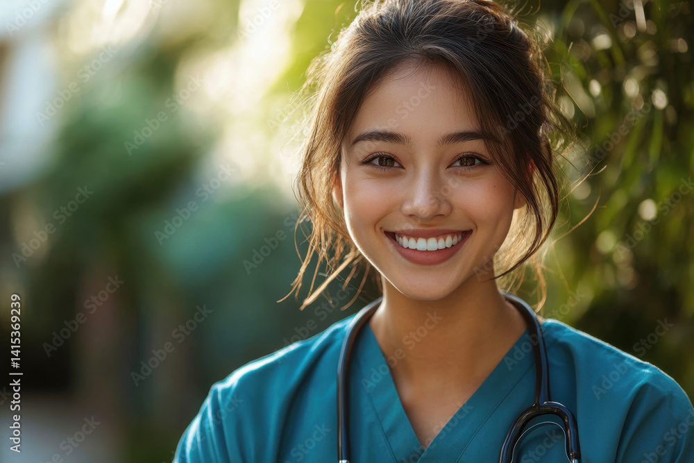 Smiling female doctor in scrubs examining X-ray results with caring demeanor, standing in a bright hospital office filled with medical supplies. Smiling female doctor in scrubs examining X-ray results with caring demeanor, standing in a bright hospital office filled with medical supplies.