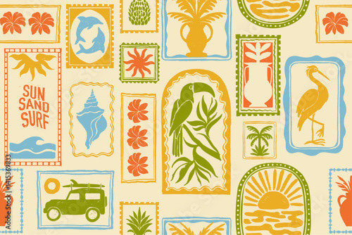 Tropical summer seamless pattern, vector exotic Hawaii decoration print, ocean surf vintage texture. Abstract nature travel ornamental postal stamp background, nature coastal design. Tropical pattern