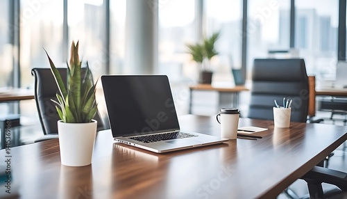 Wallpaper Mural Modern Minimalist Office Workspace with Laptop and Plant Torontodigital.ca