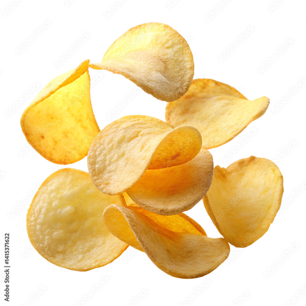 Golden potato chip slices floating on transparent background – high-resolution PNG perfect for advertising, packaging, or digital food artwork.
Golden potato chip slices floating on transparent background – high-resolution PNG perfect for advertising, packaging, or digital food artwork.