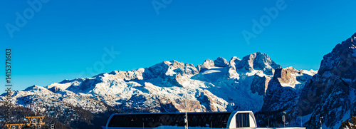 Alpine winter view with Mount Dachstein in the background at Mount Zwieselalm, Gosau, Abtenau, Salzkammergut, Salzburg, Austria