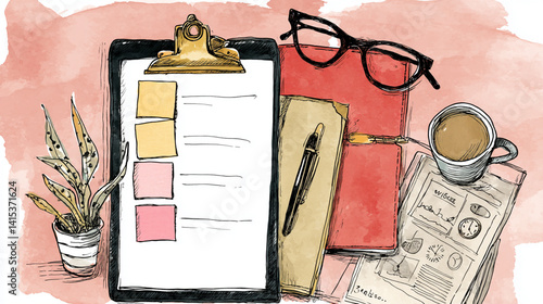 A creative workspace featuring a clipboard, sticky notes, glasses, a pen, coffee, and a plant, set against a soft pink background.