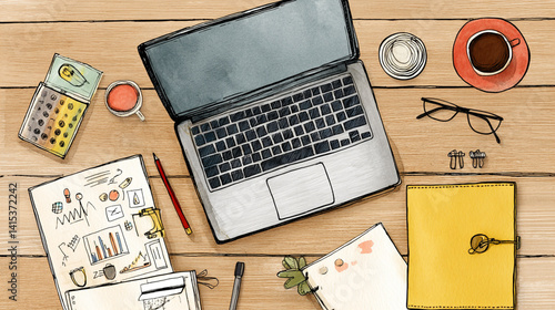 A creative workspace featuring a laptop, stationery, coffee, and notes on a wooden table, ideal for productivity and brainstorming.