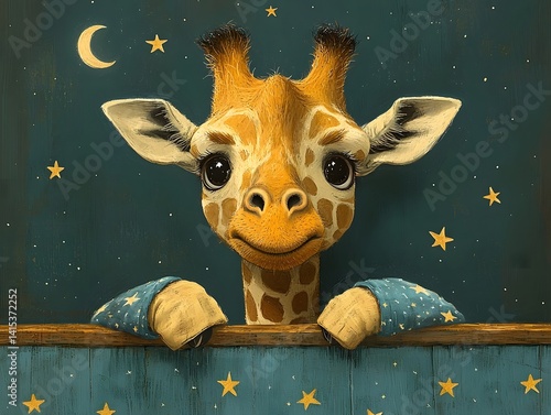 A giraffe in pajamas peers through a window at the night sky