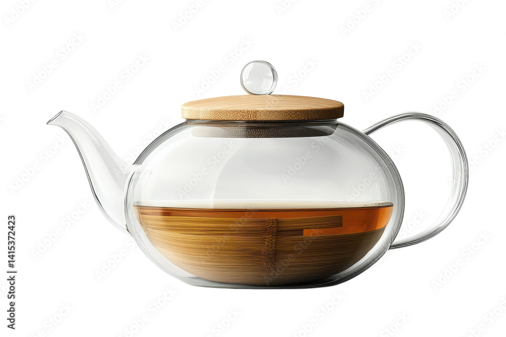 Elegant glass teapot with bamboo lid brewing aromatic tea perfect for tea time showcasing amber liquid and natural wood tones against a on transparent background Elegant glass teapot with bamboo lid brewing aromatic tea perfect for tea time showcasing amber liquid and natural wood tones against a on transparent background