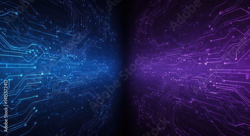Abstract circuit board pattern with blue and purple colors on a dark background.