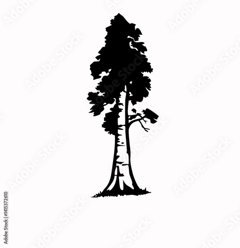 Redwood tree vector silhouette, black and white