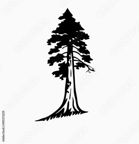 Redwood tree vector silhouette, black and white